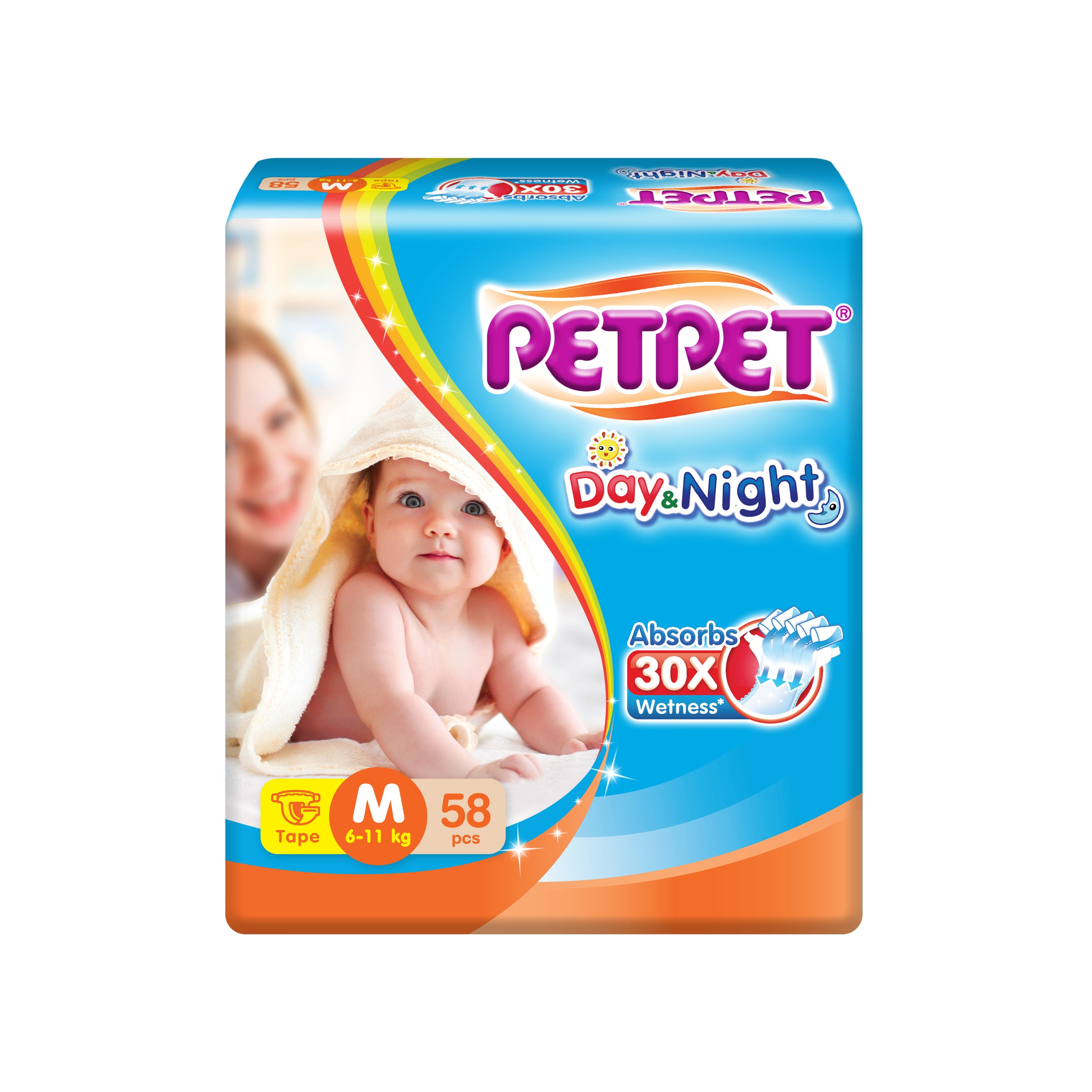 PetPet Day and Night Baby Tape Diapers Size M 58's (For 6-11kg)