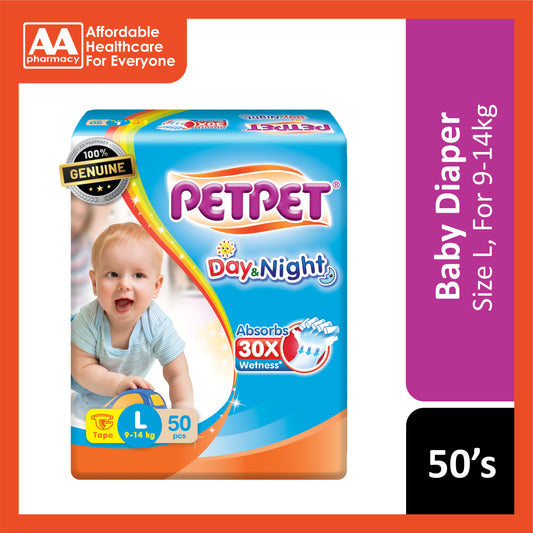 PetPet Day and Night Baby Tape Diapers Size L 50's (For 9-14kg)