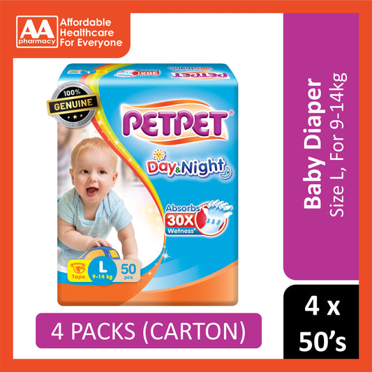 PetPet Day and Night Baby Tape Diapers Size L 50's (For 9-14kg) [4 Packs/Carton]