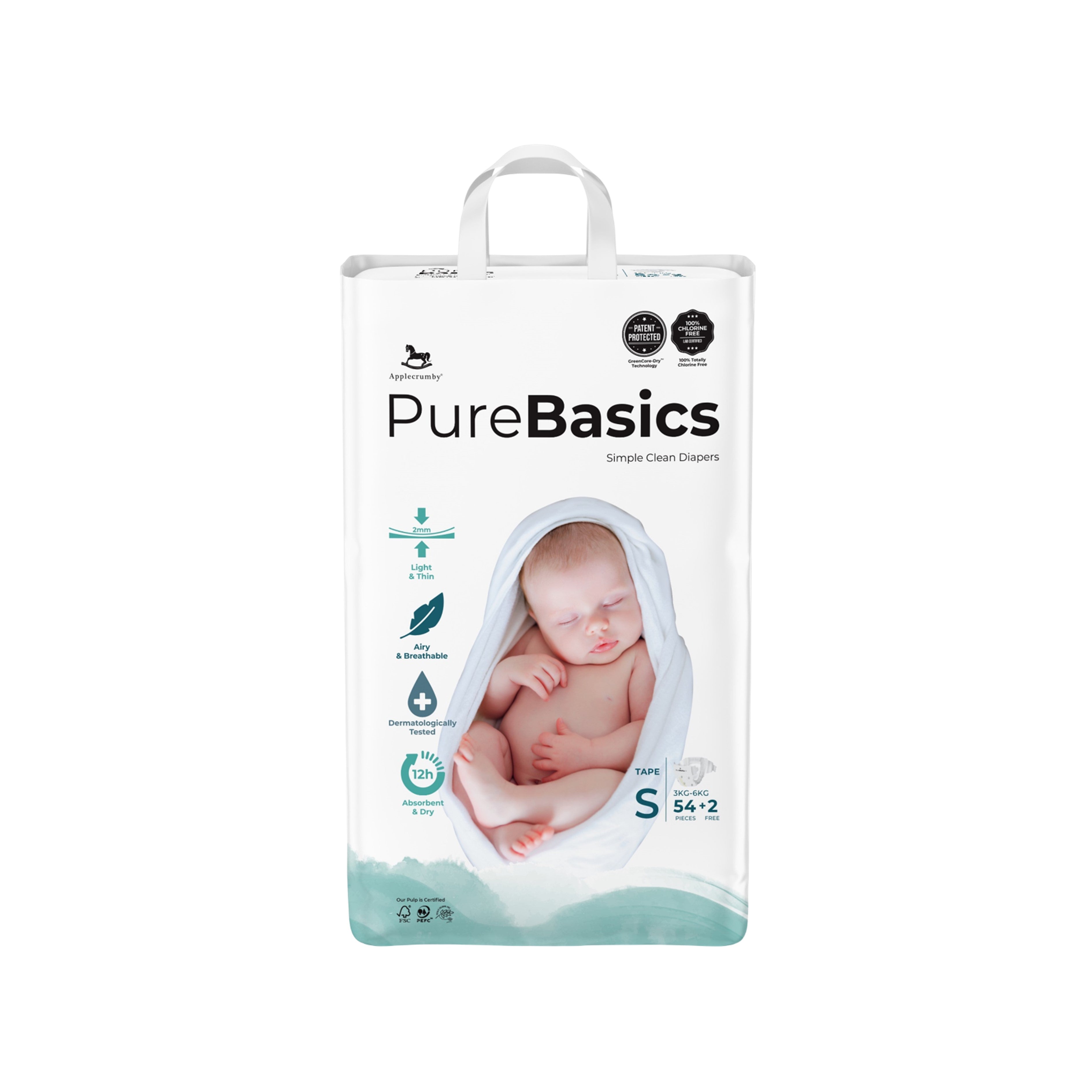 Applecrumby PureBasics Baby Tape Diaper Size S 54's+2's (For 3-6kg)