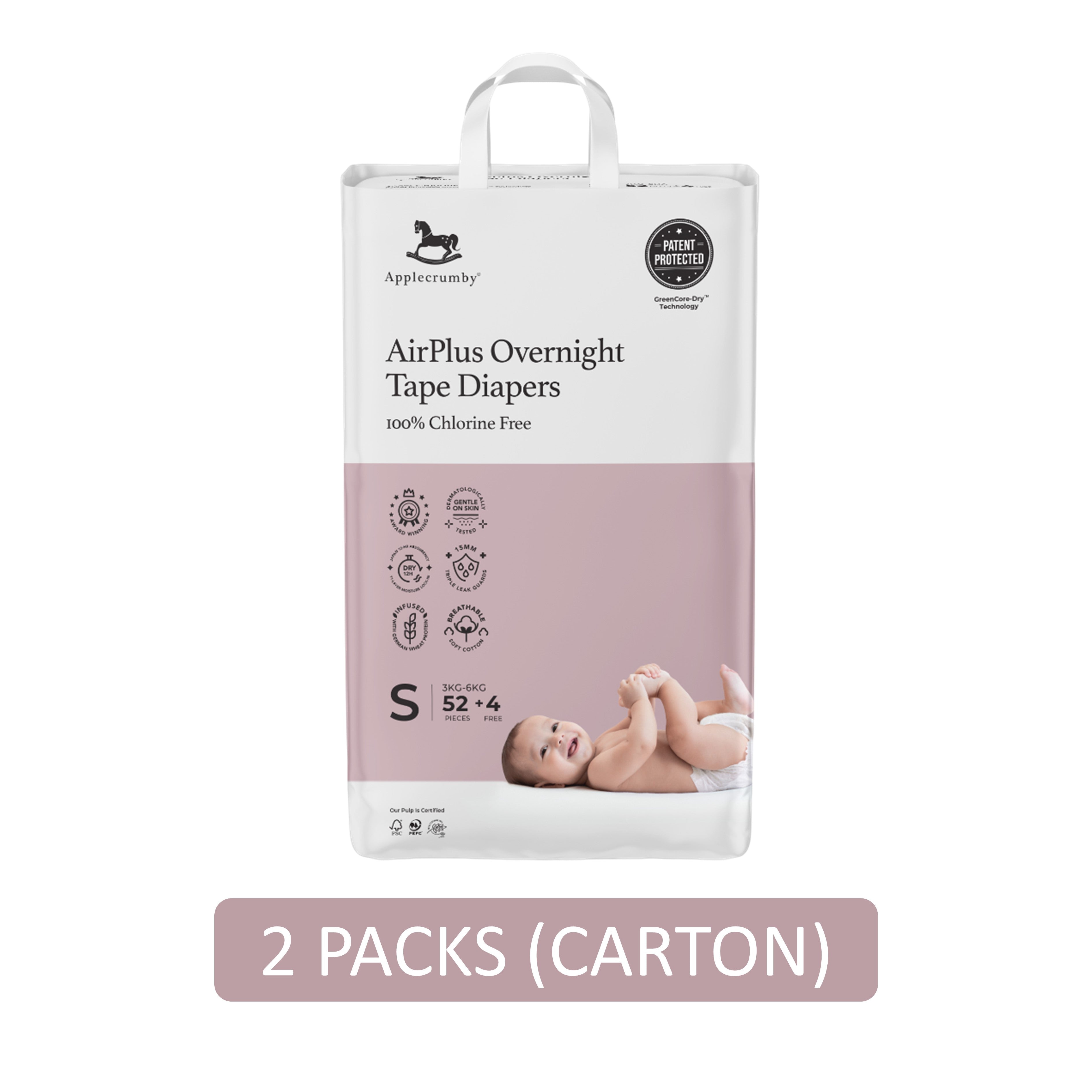 Applecrumby AirPlus Overnight Baby Tape Diaper Size S 52's+4's (For 3-6kg) [2 Packs/Carton]