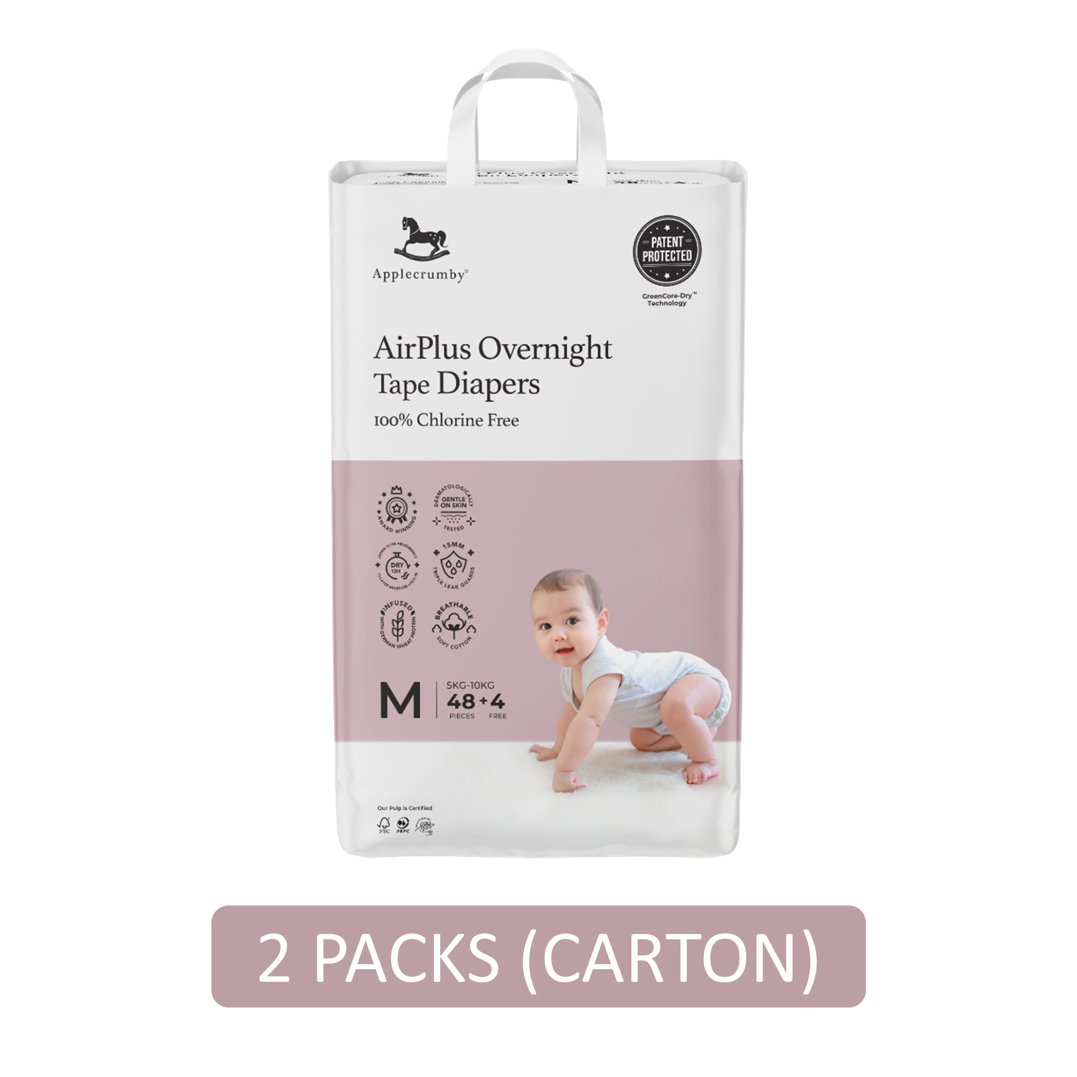 Applecrumby AirPlus Overnight Baby Tape Diaper Size M 48's+4's (For 5-10kg) [2 Packs/Carton]