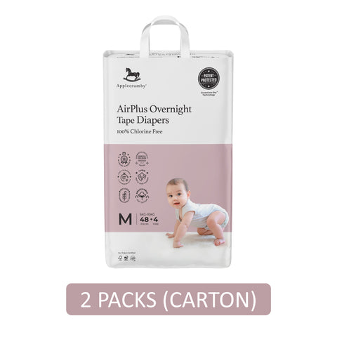 Applecrumby AirPlus Overnight Baby Tape Diaper Size M 48's+4's (For 5-10kg) [2 Packs/Carton]