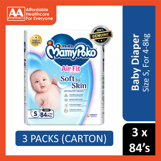 MamyPoko Air Fit Baby Tape Diapers Size S 84's (For 4-8kg) [3 Packs/Carton]