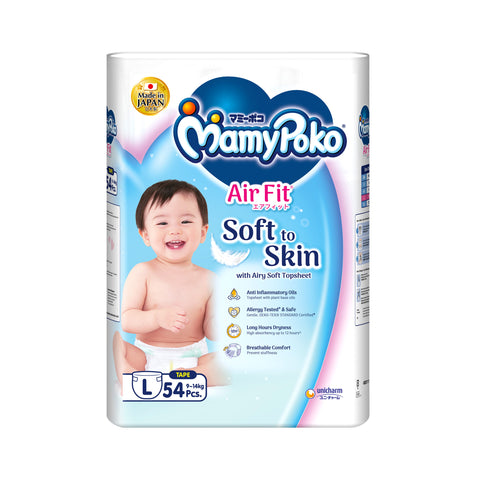 MamyPoko Air Fit Baby Tape Diapers Size L 54's (For 9-14kg)