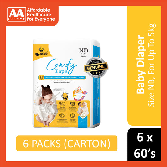 Beenies Baby Comfy Tape Diapers Size NB 60's (Up To 5kg) [Jumbo Pack] [6 Packs/Carton]