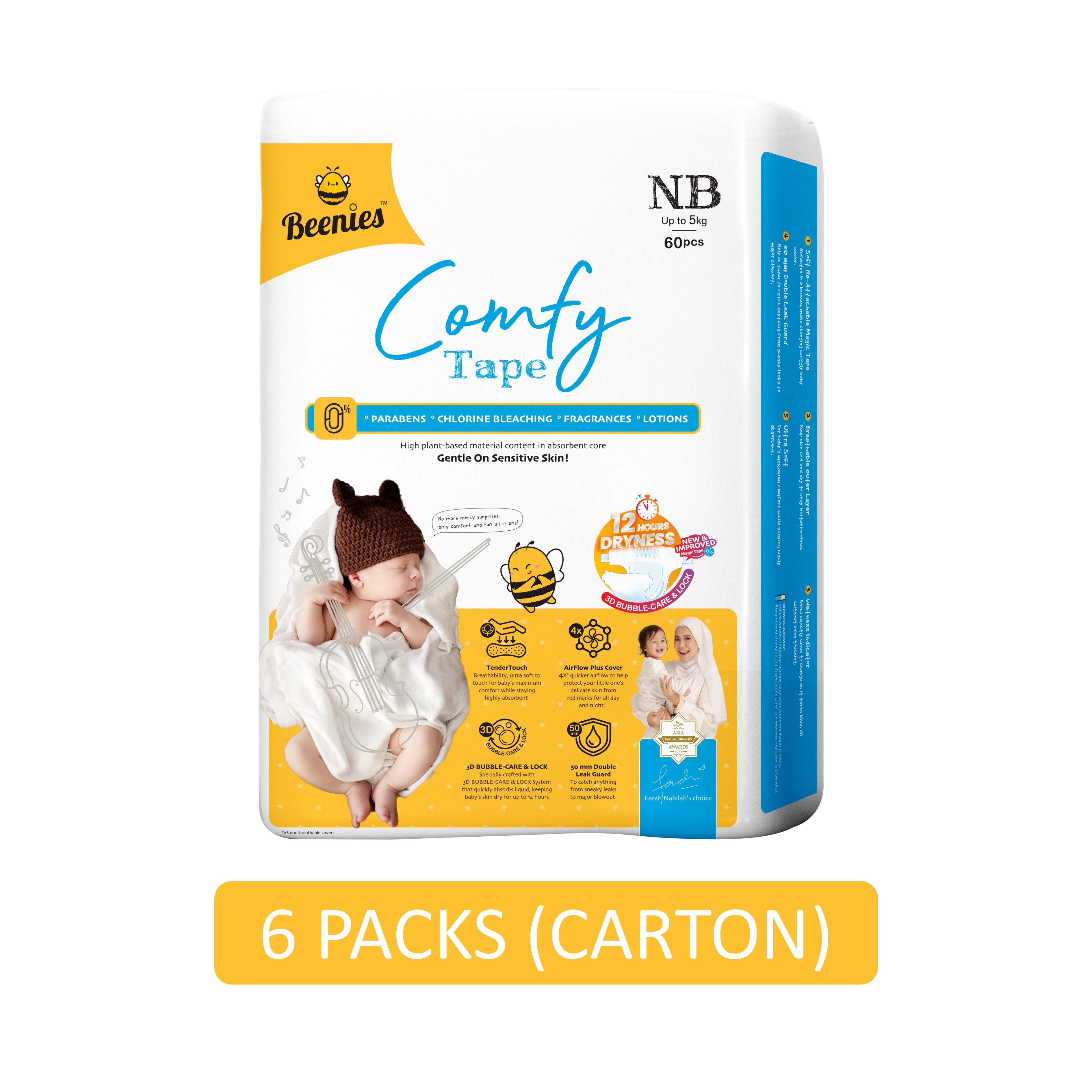 Beenies Baby Comfy Tape Diapers Size NB 60's (Up To 5kg) [Jumbo Pack] [6 Packs/Carton]