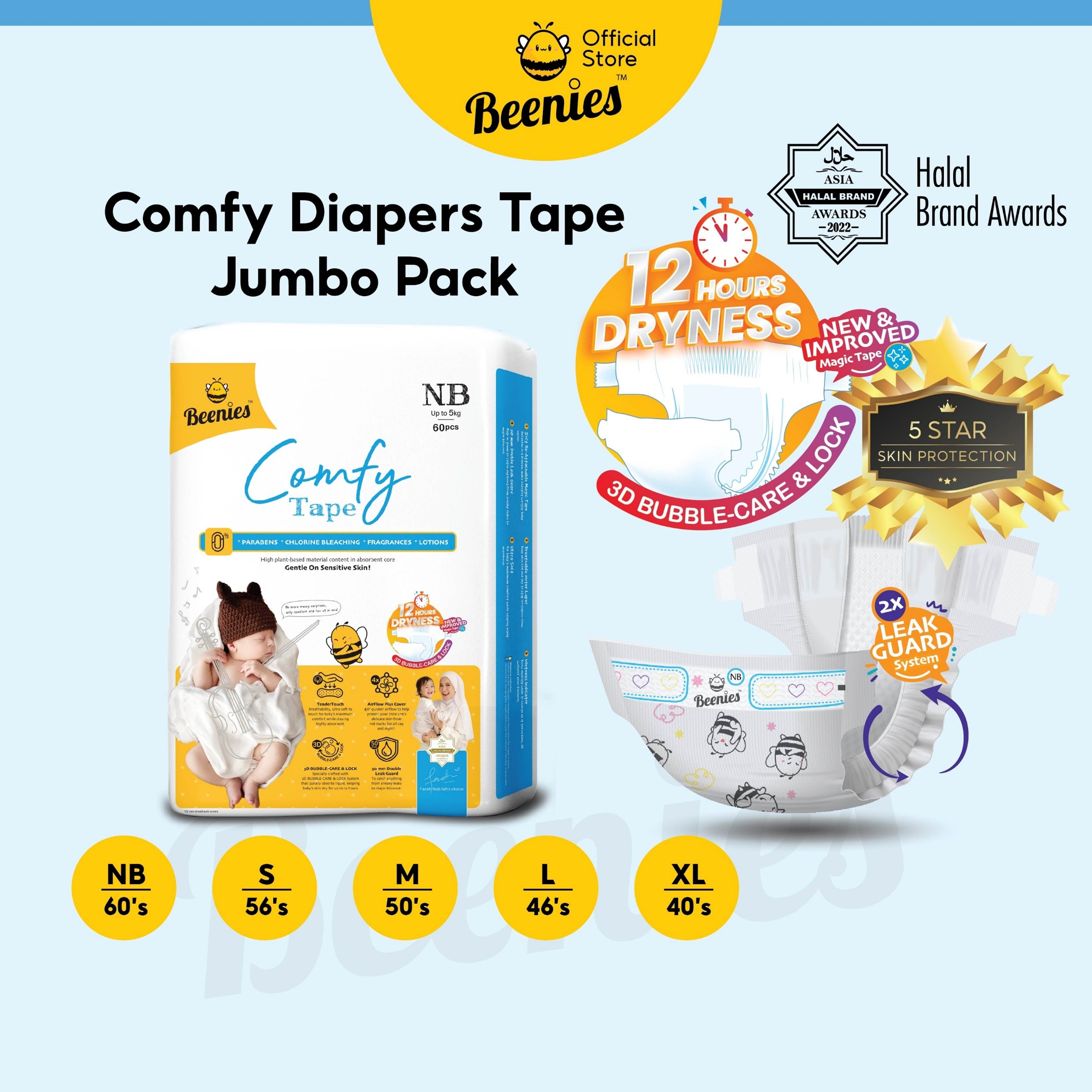 Beenies Baby Comfy Tape Diapers Size M 50's (5-10kg) [Jumbo Pack] [6 Packs/Carton]