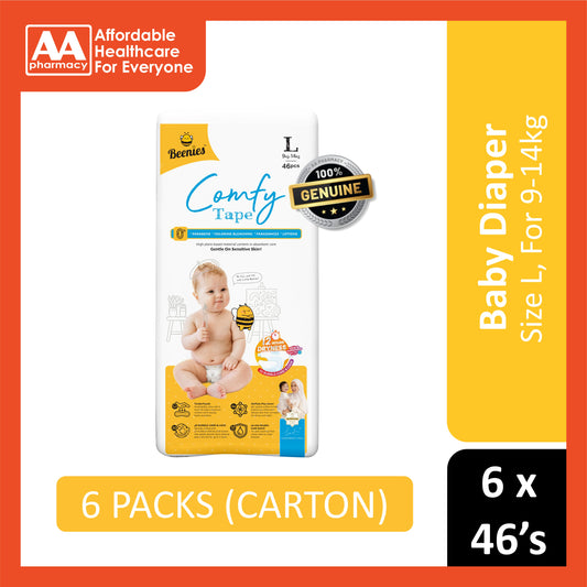 Beenies Baby Comfy Tape Diapers Size L 46's (9-14kg) [Jumbo Pack] [6 Packs/Carton]