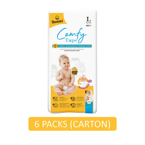 Beenies Baby Comfy Tape Diapers Size L 46's (9-14kg) [Jumbo Pack] [6 Packs/Carton]