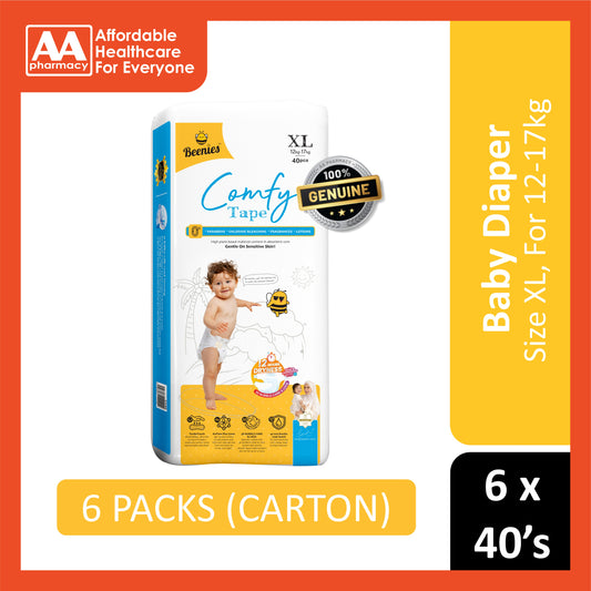 Beenies Baby Comfy Tape Diapers Size XL 40's (12-17kg) [Jumbo Pack] [6 Packs/Carton]