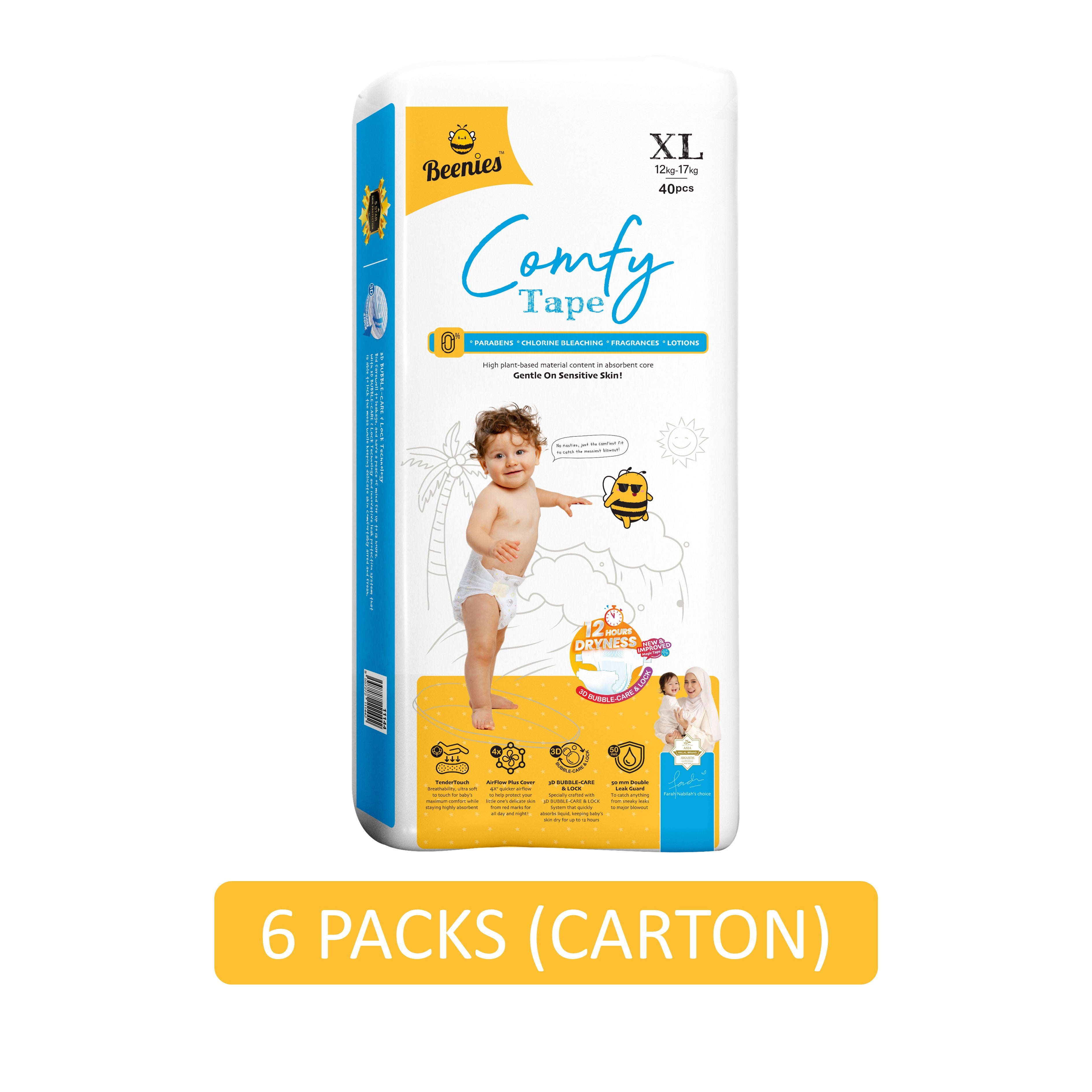 Beenies Baby Comfy Tape Diapers Size XL 40's (12-17kg) [Jumbo Pack] [6 Packs/Carton]