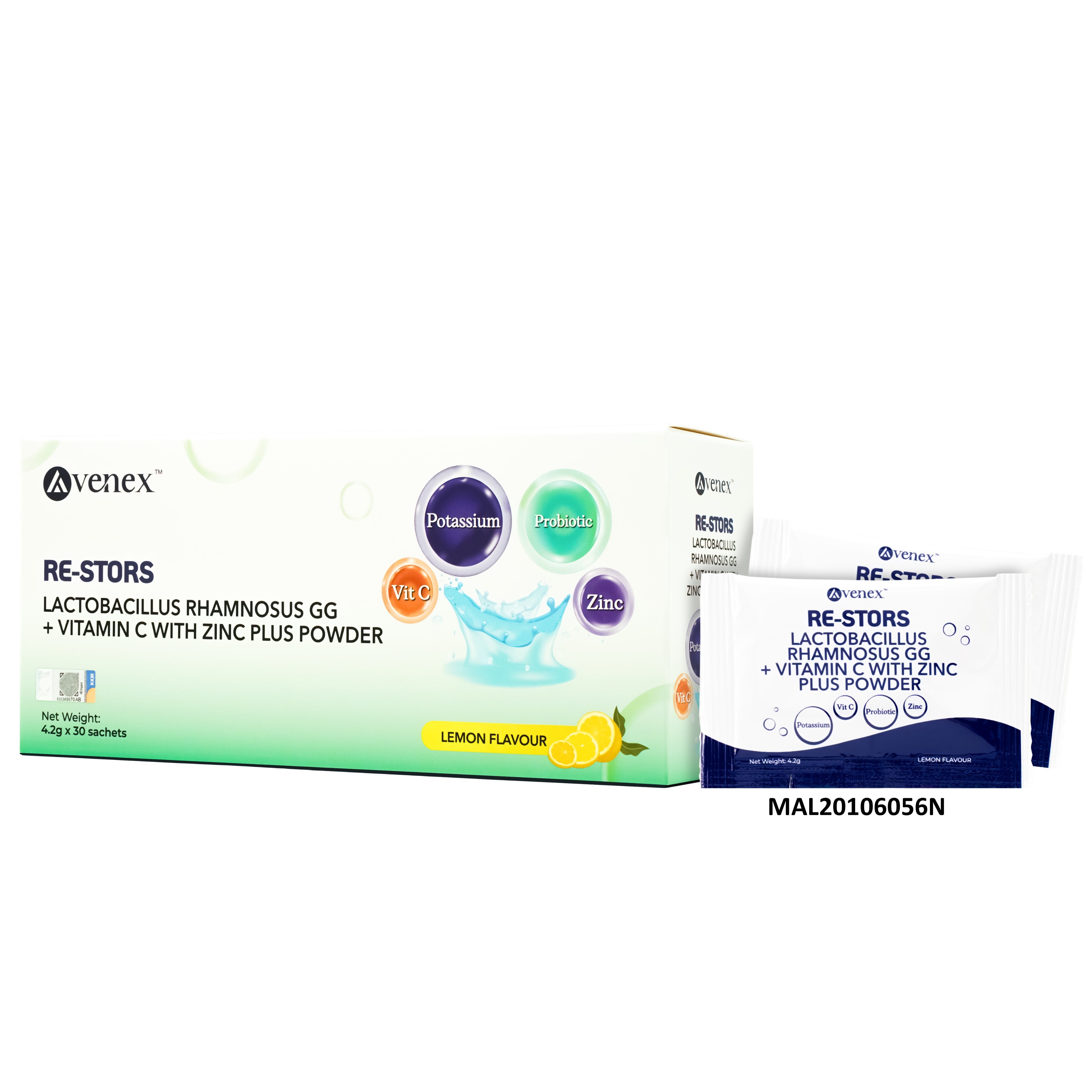 Avenex Re-Stors Lactobacillus Rhamnosus GG + Vitamin C with Zinc Powder (Lemon Flavour) 4.2g x 30's