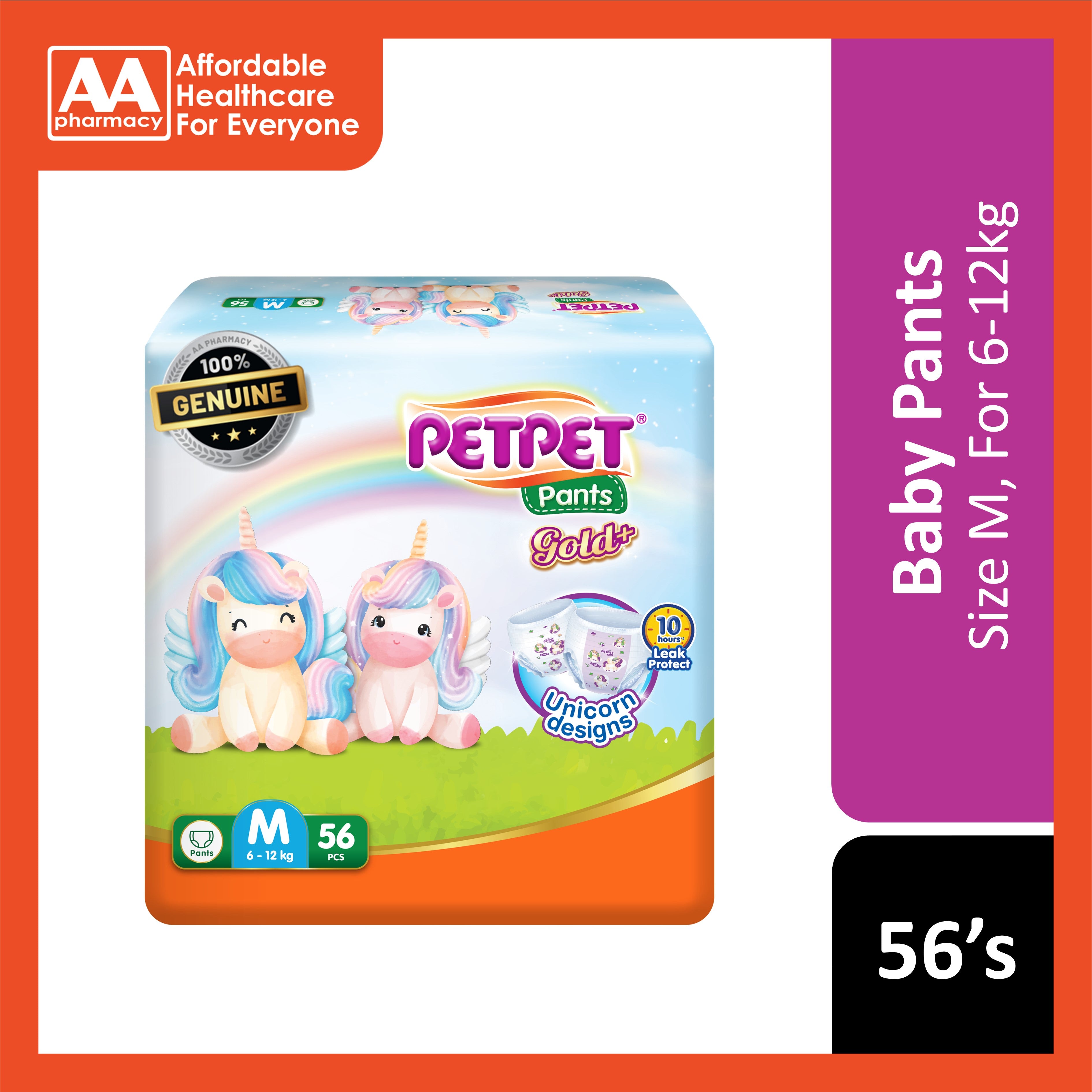 PetPet Baby Pants Gold+ (Unicorn Designs) Size M 56's (For 6-12kg)