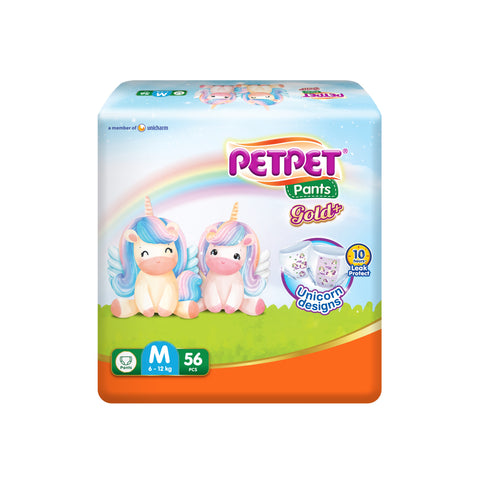 PetPet Baby Pants Gold+ (Unicorn Designs) Size M 56's (For 6-12kg)