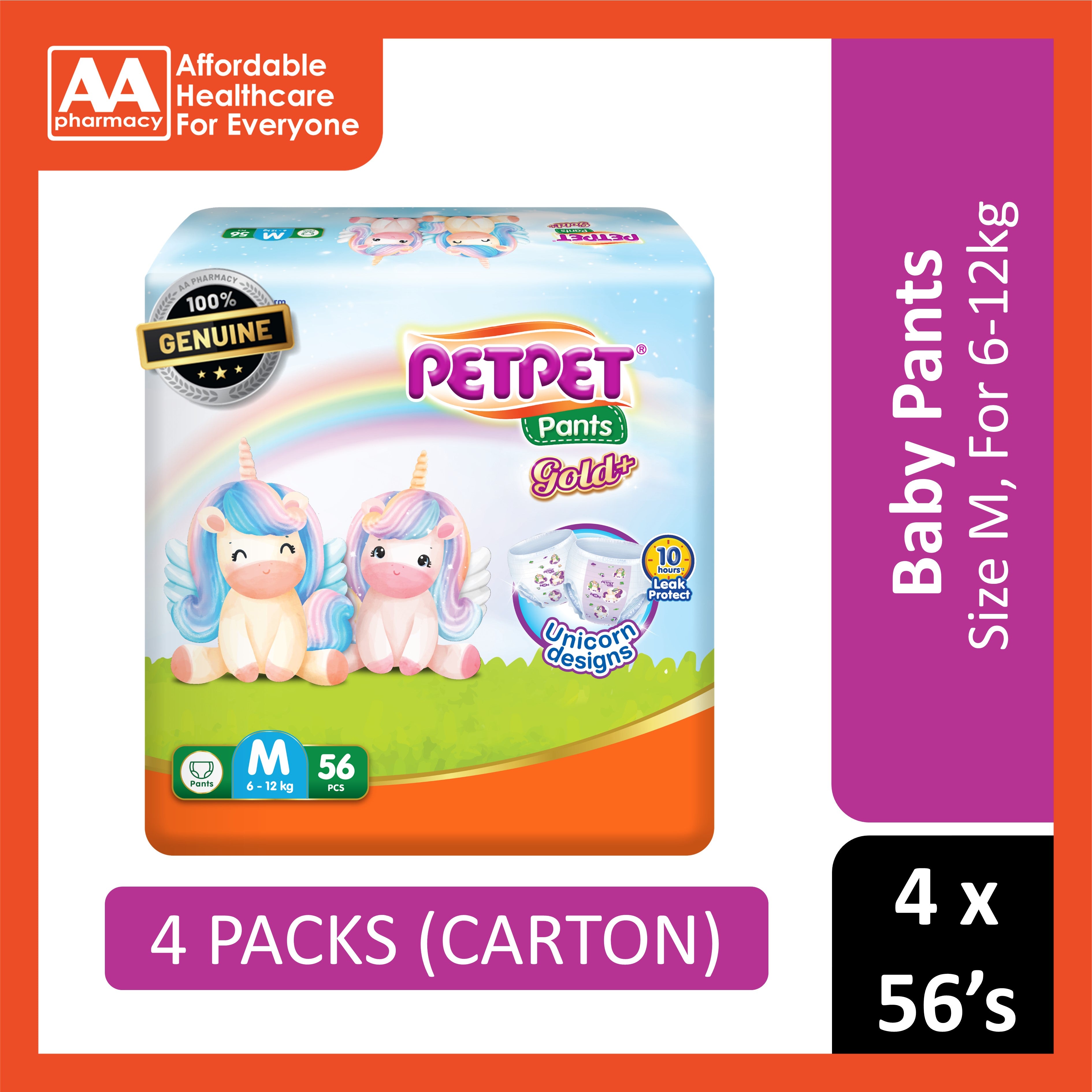 PetPet Baby Pants Gold+ (Unicorn Designs) Size M 56's (For 6-12kg) [4 Packs/Carton]