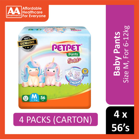 PetPet Baby Pants Gold+ (Unicorn Designs) Size M 56's (For 6-12kg) [4 Packs/Carton]