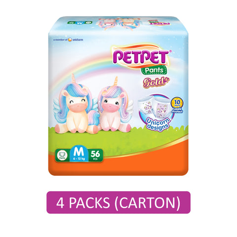 PetPet Baby Pants Gold+ (Unicorn Designs) Size M 56's (For 6-12kg) [4 Packs/Carton]