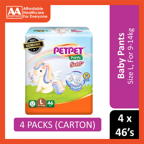 PetPet Baby Pants Gold+ (Unicorn Designs) Size L 46's (For 9-14kg) [4 Packs/Carton]