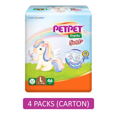 PetPet Baby Pants Gold+ (Unicorn Designs) Size L 46's (For 9-14kg) [4 Packs/Carton]