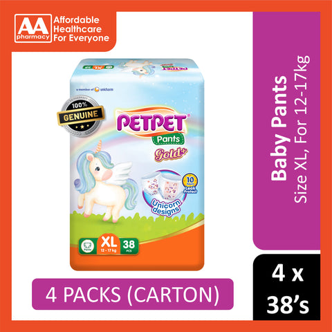 PetPet Baby Pants Gold+ (Unicorn Designs) Size XL 38's (For 12-17kg) [4 Packs/Carton]