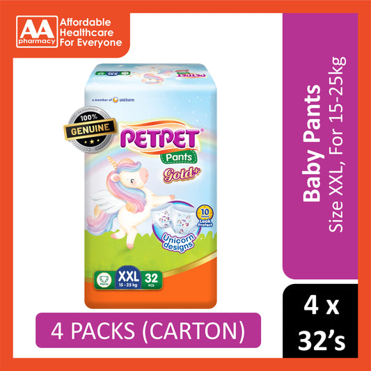 PetPet Baby Pants Gold+ (Unicorn Designs) Size XXL 32's (For 15-25kg) [4 Packs/Carton]