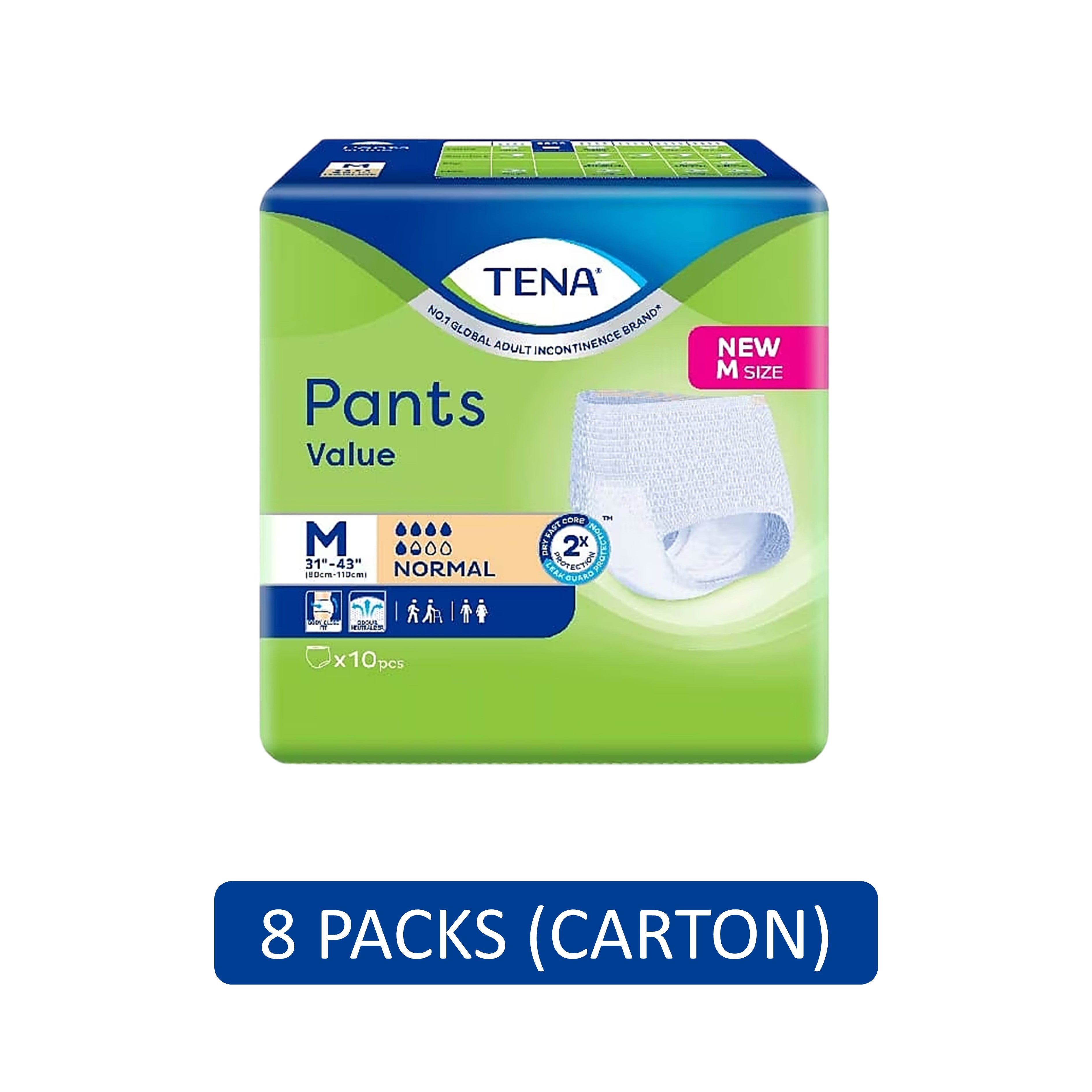 Tena Value Adult Pants Size M 10's (80-110cm / 31–43 inches) [8 Packs/Carton]