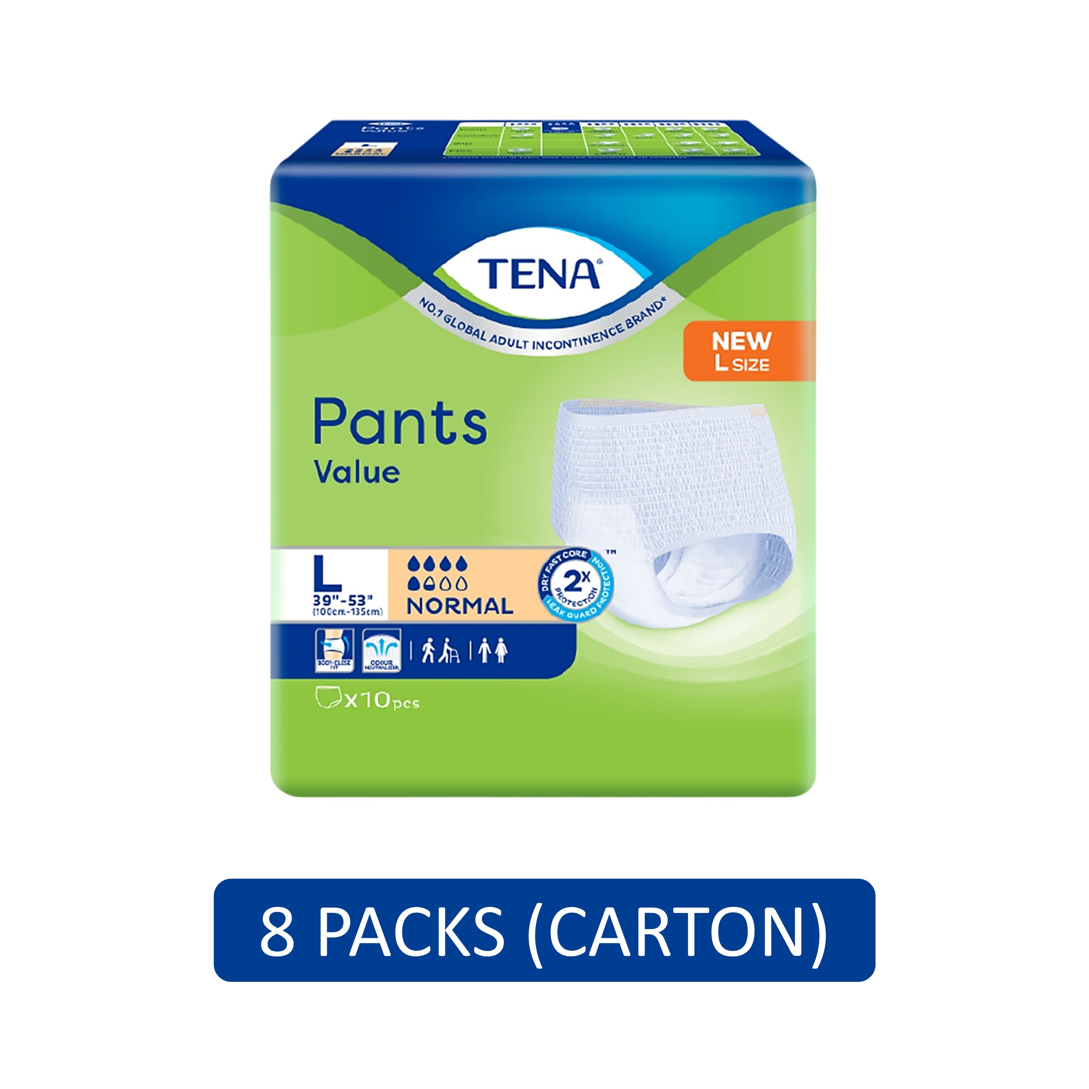 Tena Value Adult Pants Size L 10's (100-135cm / 39–53 inches) [8 Packs/Carton]