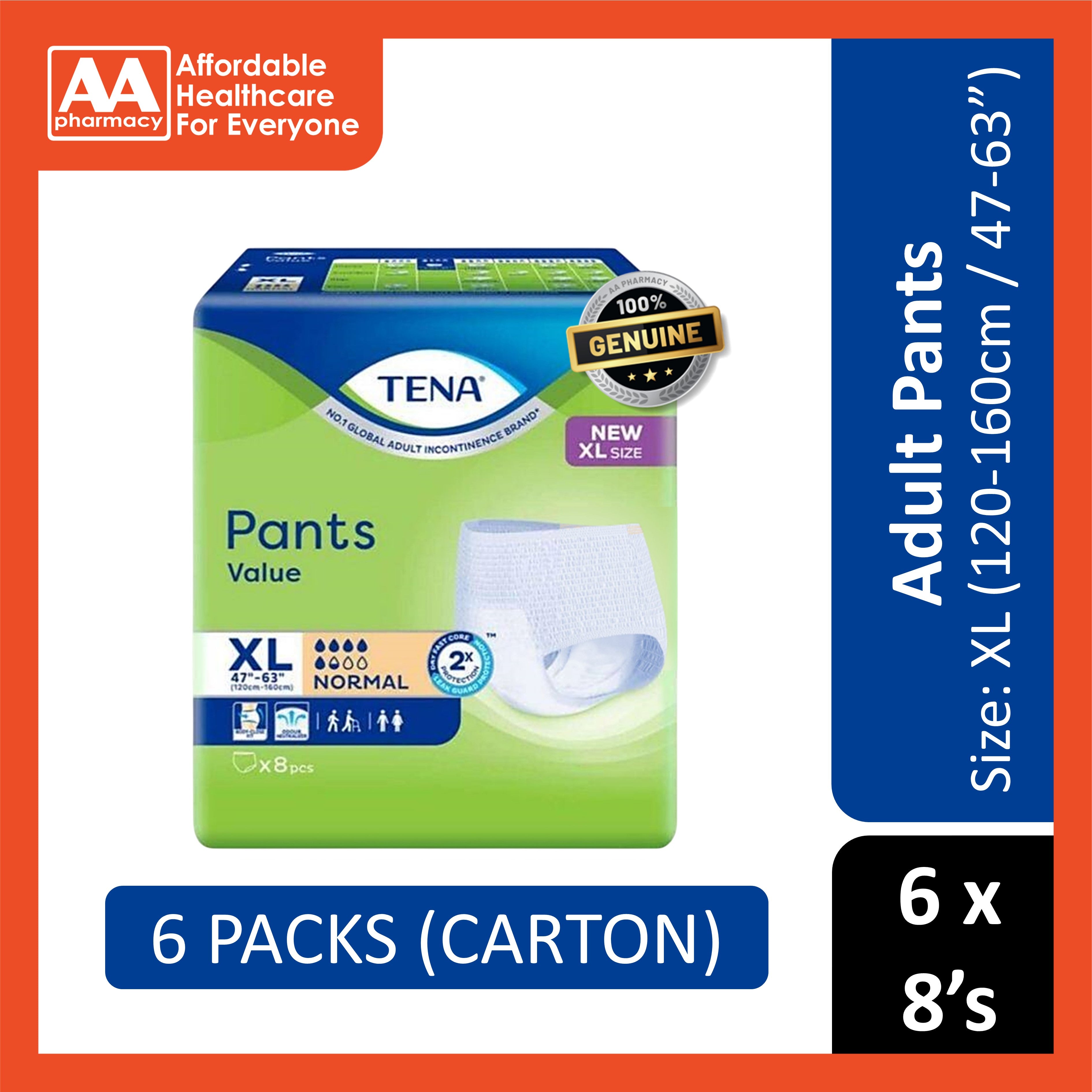 Tena Value Adult Pants Size XL 8's (120-160cm / 47–63 inches) [6 Packs/Carton]