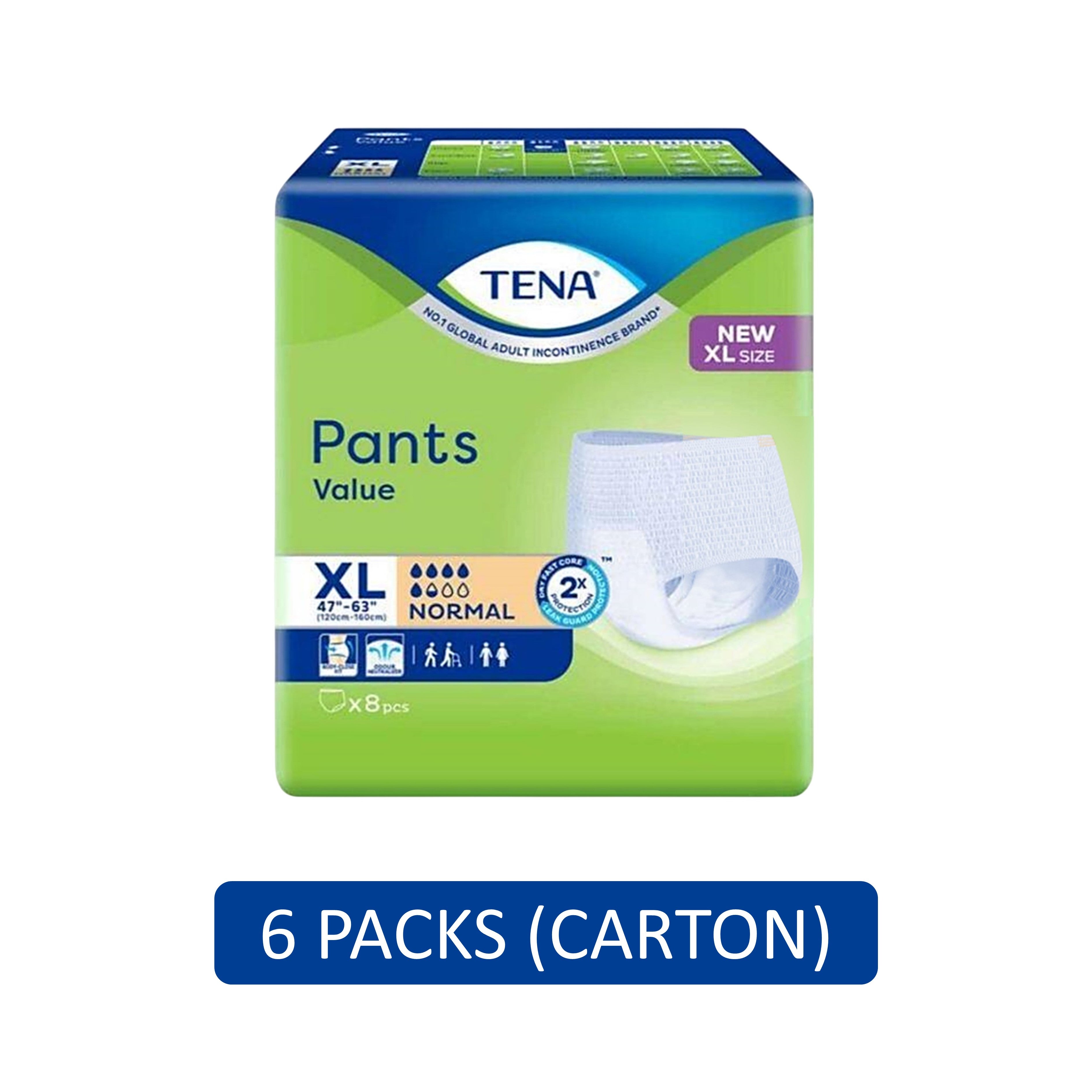 Tena Value Adult Pants Size XL 8's (120-160cm / 47–63 inches) [6 Packs/Carton]