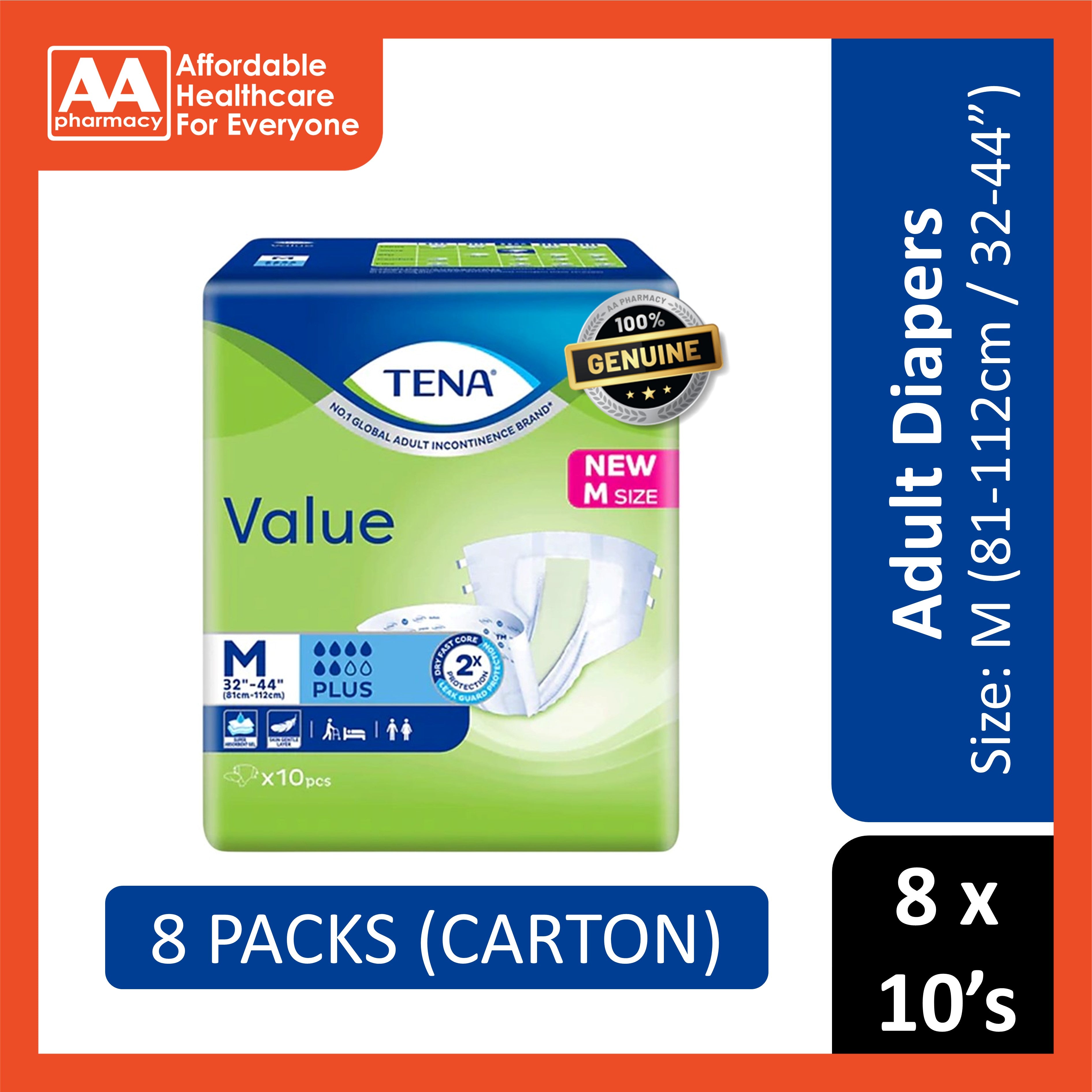 Tena Value Plus Adult Diapers Size M 10's (81-112cm / 32-44 inches) [8 Packs/Carton]