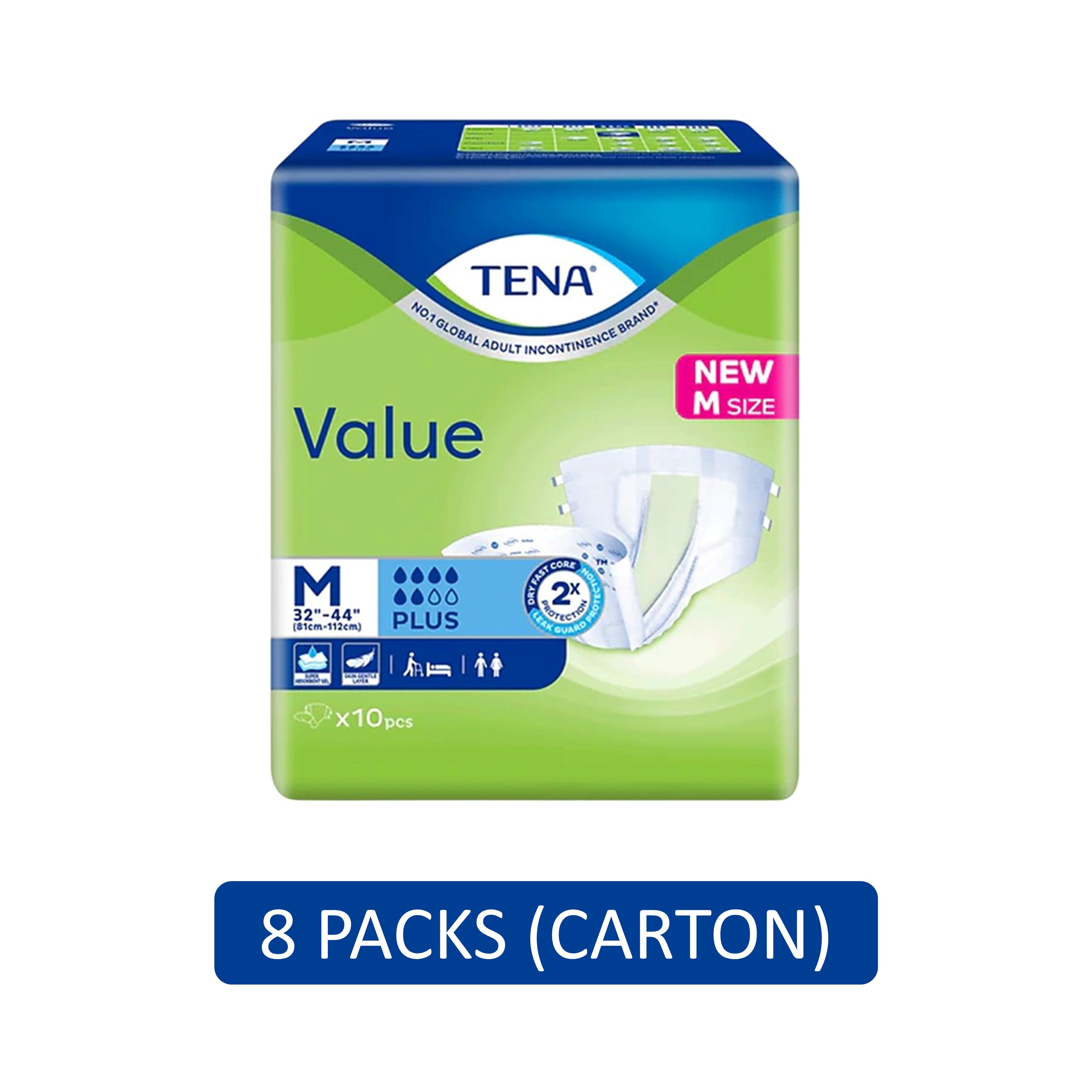 Tena Value Plus Adult Diapers Size M 10's (81-112cm / 32-44 inches) [8 Packs/Carton]