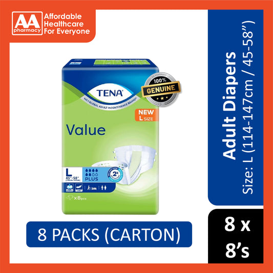 Tena Value Plus Adult Diapers Size L 8's (114-147cm / 45-58 inches) [8 Packs/Carton]