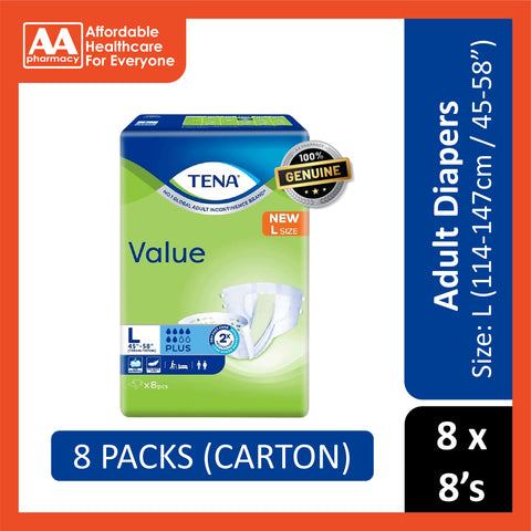 Tena Value Plus Adult Diapers Size L 8's (114-147cm / 45-58 inches) [8 Packs/Carton]