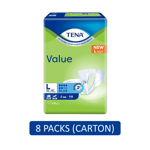 Tena Value Plus Adult Diapers Size L 8's (114-147cm / 45-58 inches) [8 Packs/Carton]