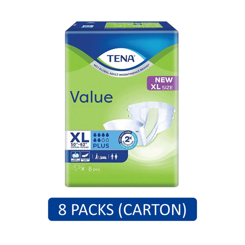 Tena Value Plus Adult Diapers Size XL 8's (127-157cm / 50-62 inches) [8 Packs/Carton]