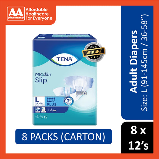 Tena PROskin Slip Plus Adult Diapers Size L 12's (91-145cm / 36-58 inches) [8 Packs/Carton]