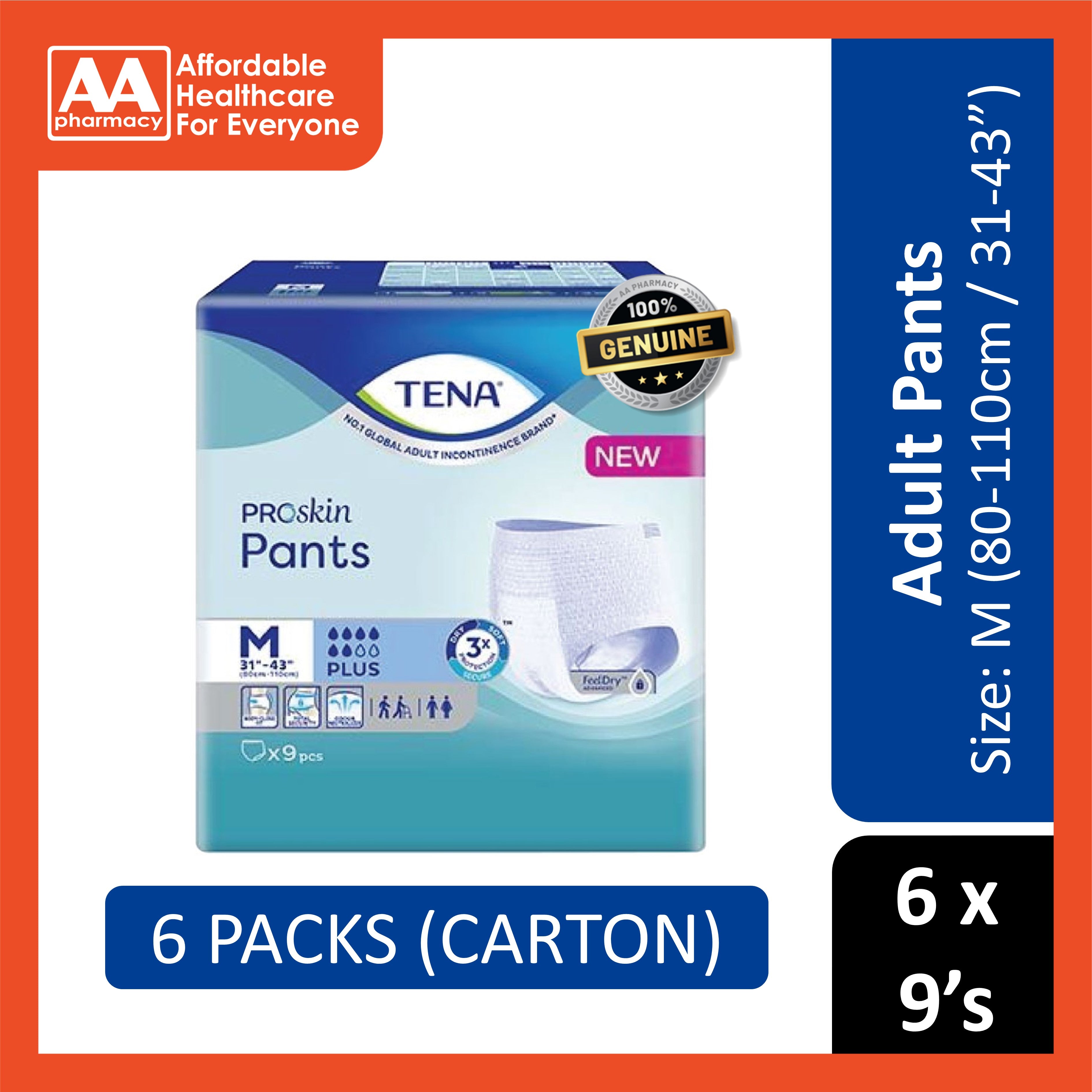 Tena PROskin Adult Pants Plus Size M 9's (80-110cm / 31-43 inches) [6 Packs/Carton]