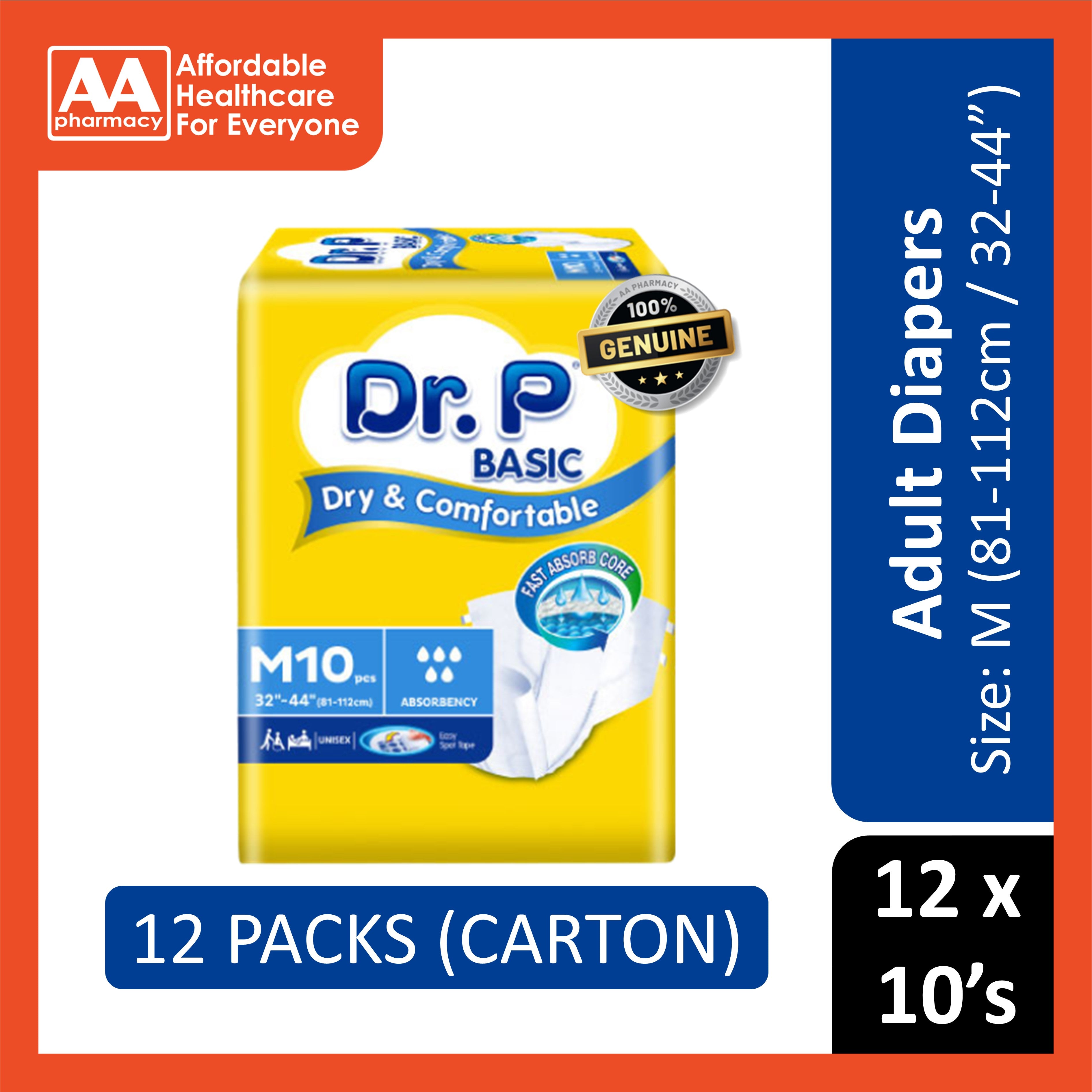 Dr. P Basic Adult Diapers Size M 10's (81-112cm / 32-44 inches) [12 Pa ...