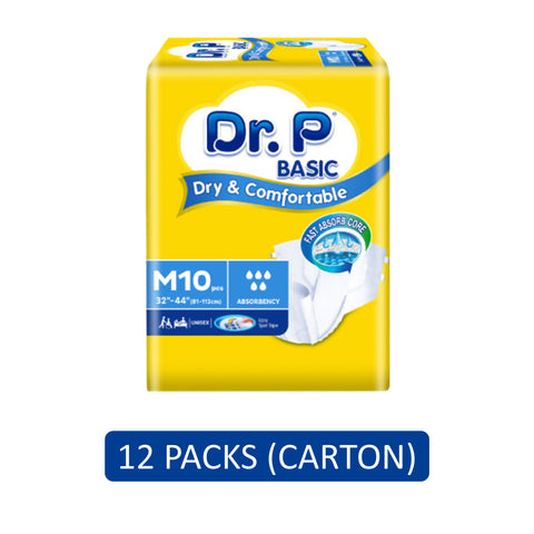 Dr. P Basic Adult Diapers Size M 10's (81-112cm / 32-44 inches) [12 Packs/Carton]