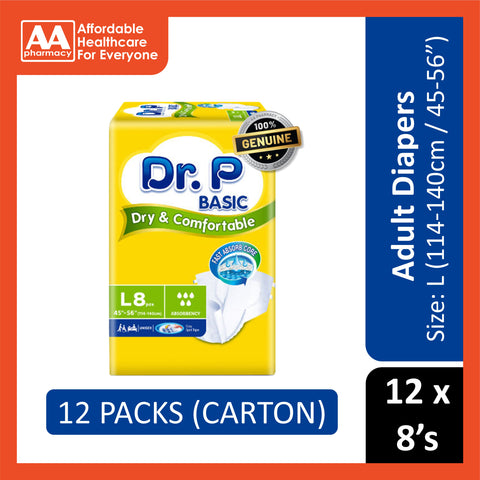 Dr. P Basic Adult Diapers Size L 8's (114-140cm / 45-56 inches) [12 Packs/Carton]