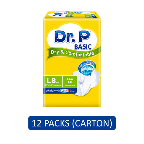 Dr. P Basic Adult Diapers Size L 8's (114-140cm / 45-56 inches) [12 Packs/Carton]