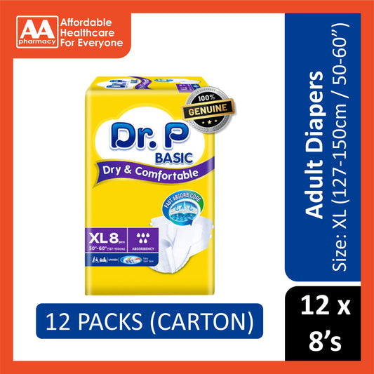 Dr. P Basic Adult Diapers Size XL 8's (127-150cm / 50-60 inches) [12 Packs/Carton]