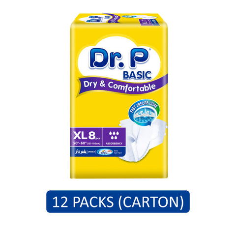 Dr. P Basic Adult Diapers Size XL 8's (127-150cm / 50-60 inches) [12 Packs/Carton]