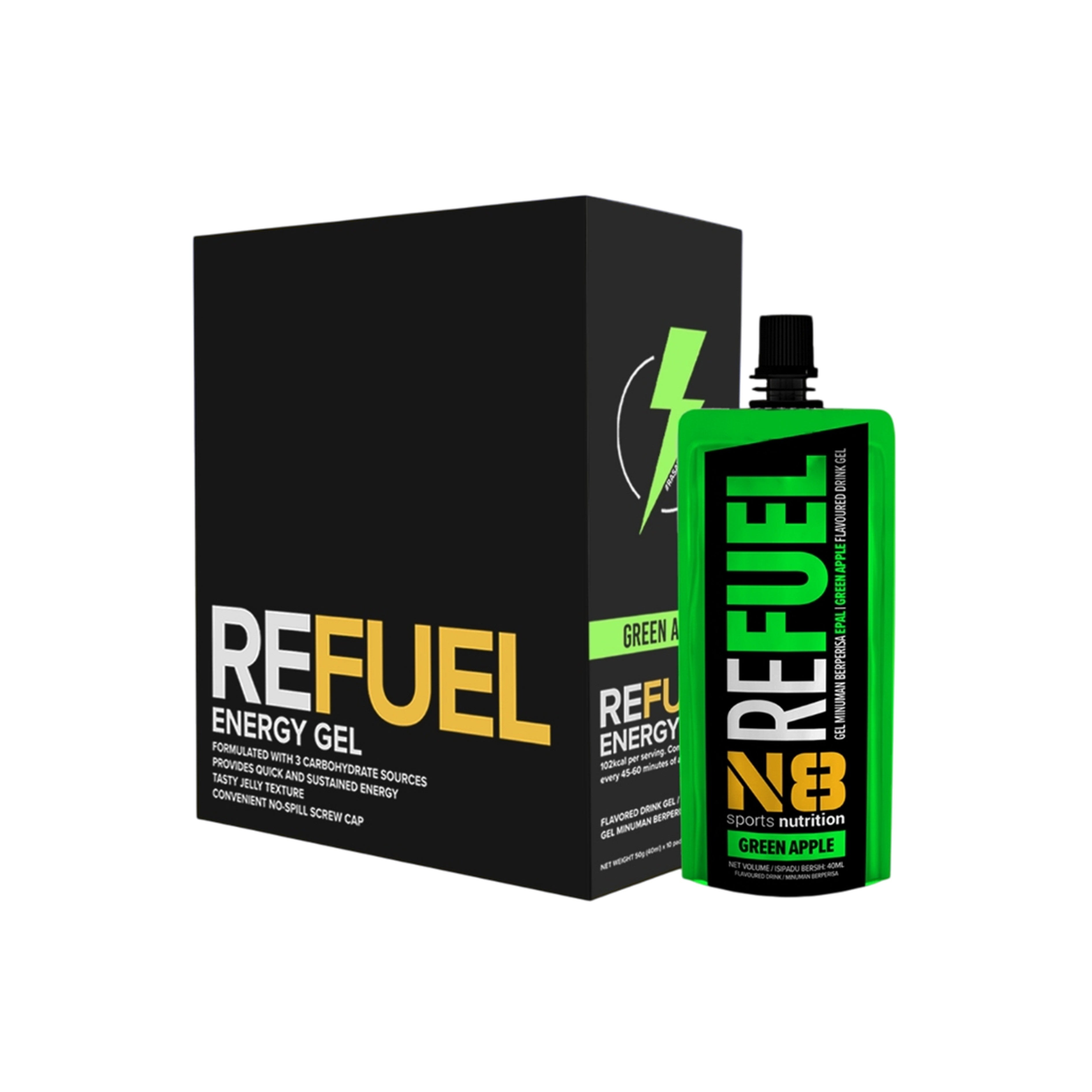 N8 Refuel Energy Drink Gel 40mLx10's (Green Apple Flavour)