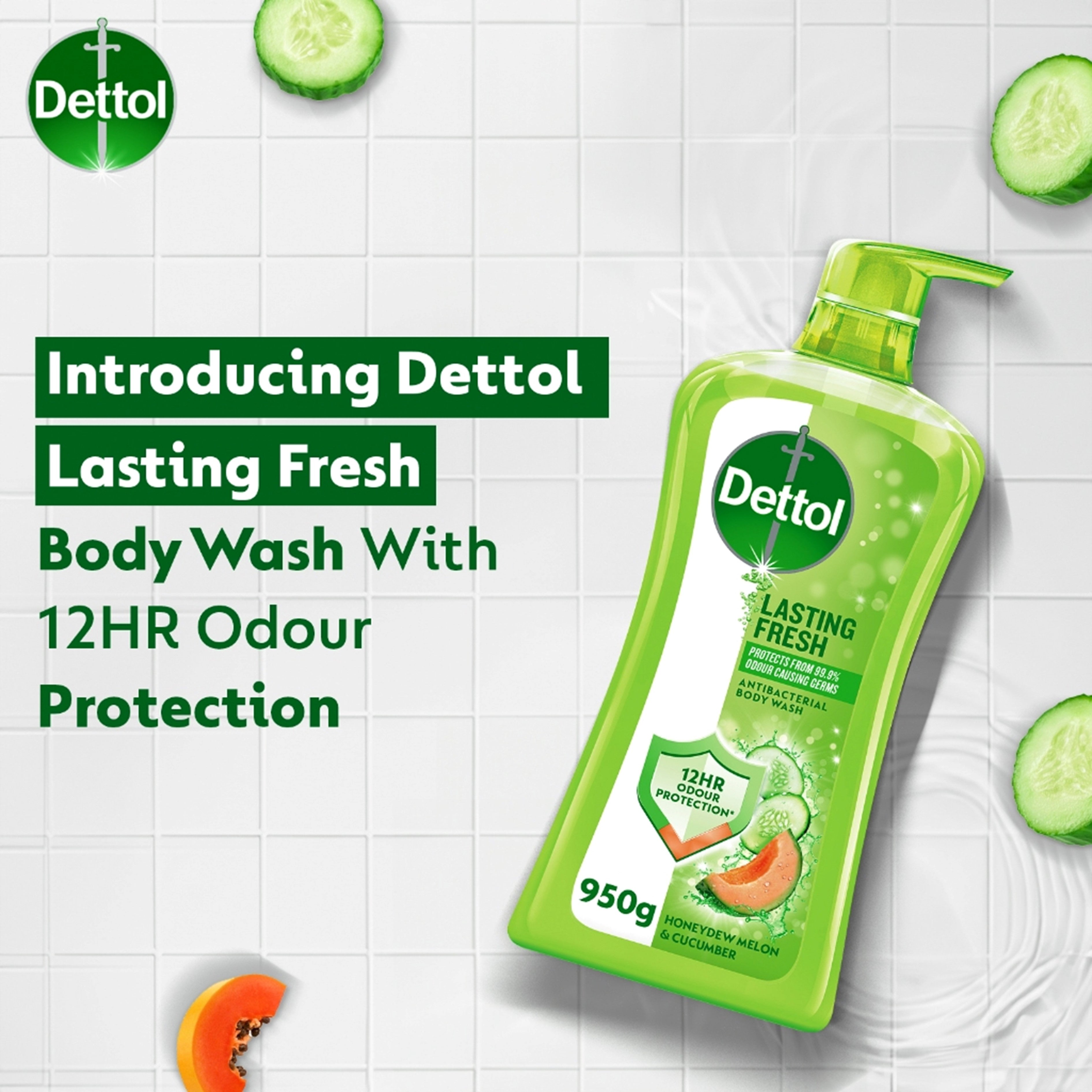 Dettol Antibacterial Body Wash (Lasting Fresh, Honeydew Melon and Cucumber) 950g