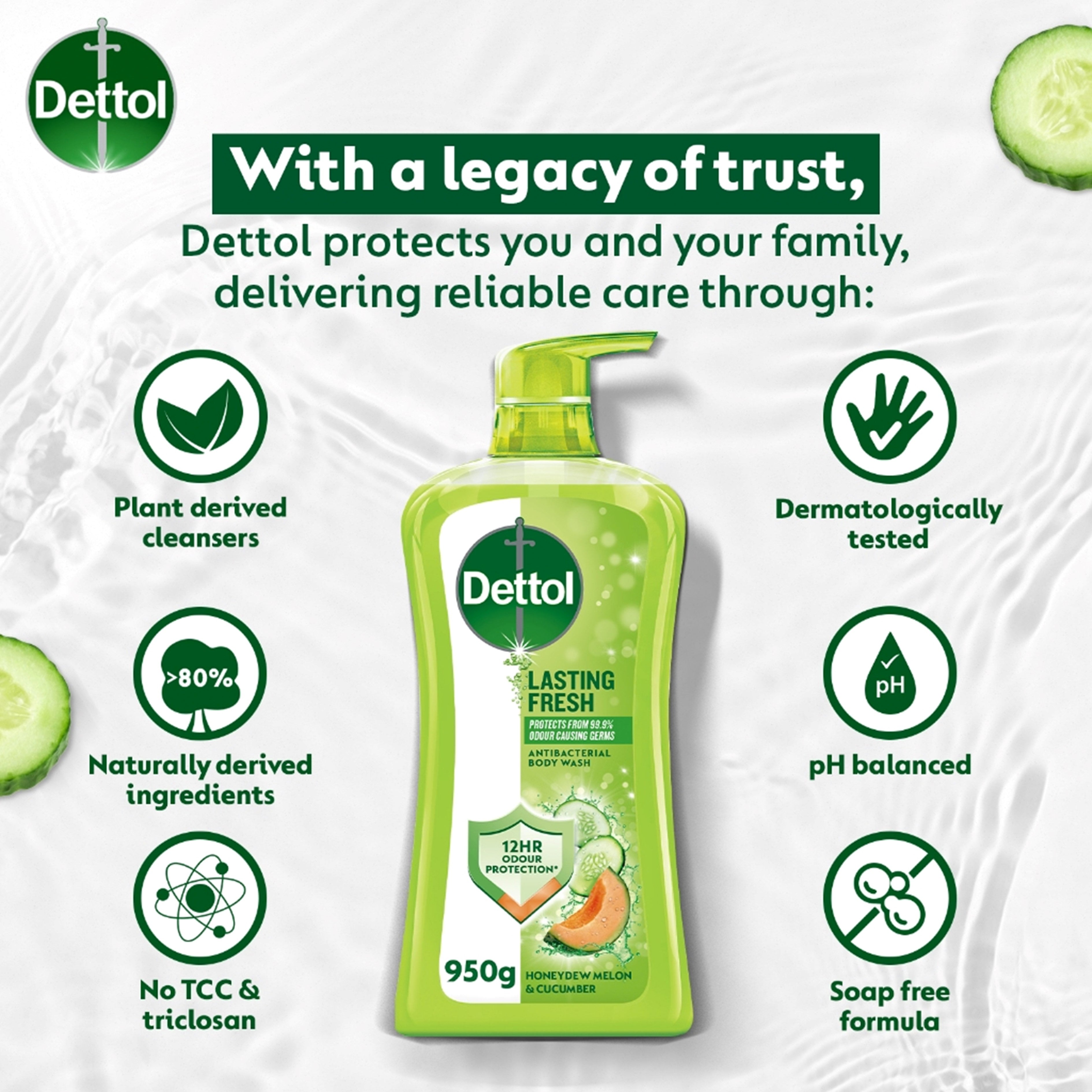 Dettol Antibacterial Body Wash (Lasting Fresh, Honeydew Melon and Cucumber) 950g