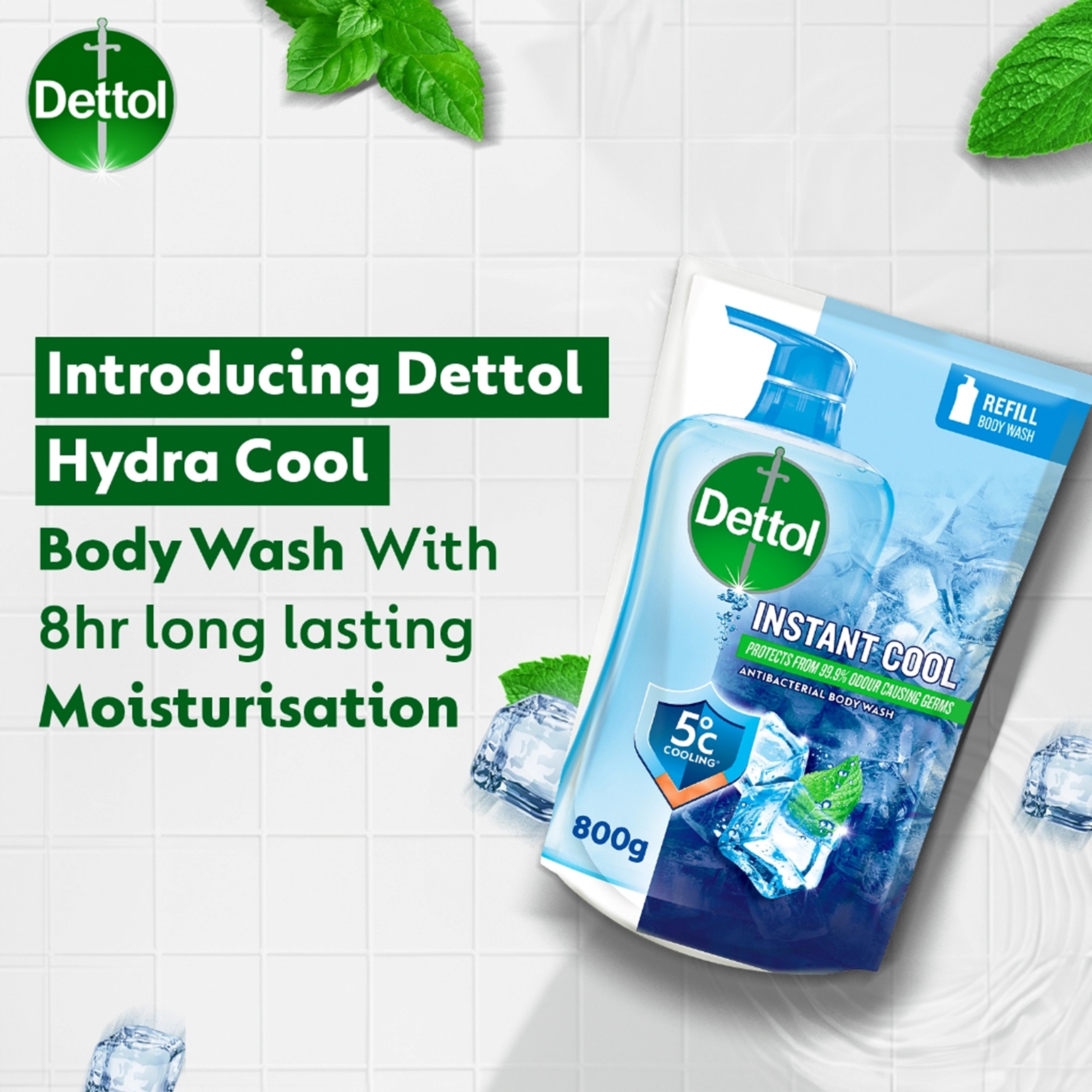 Dettol Antibacterial Body Wash (Instant Cool, Mint & Sea Minerals) Refill 800g