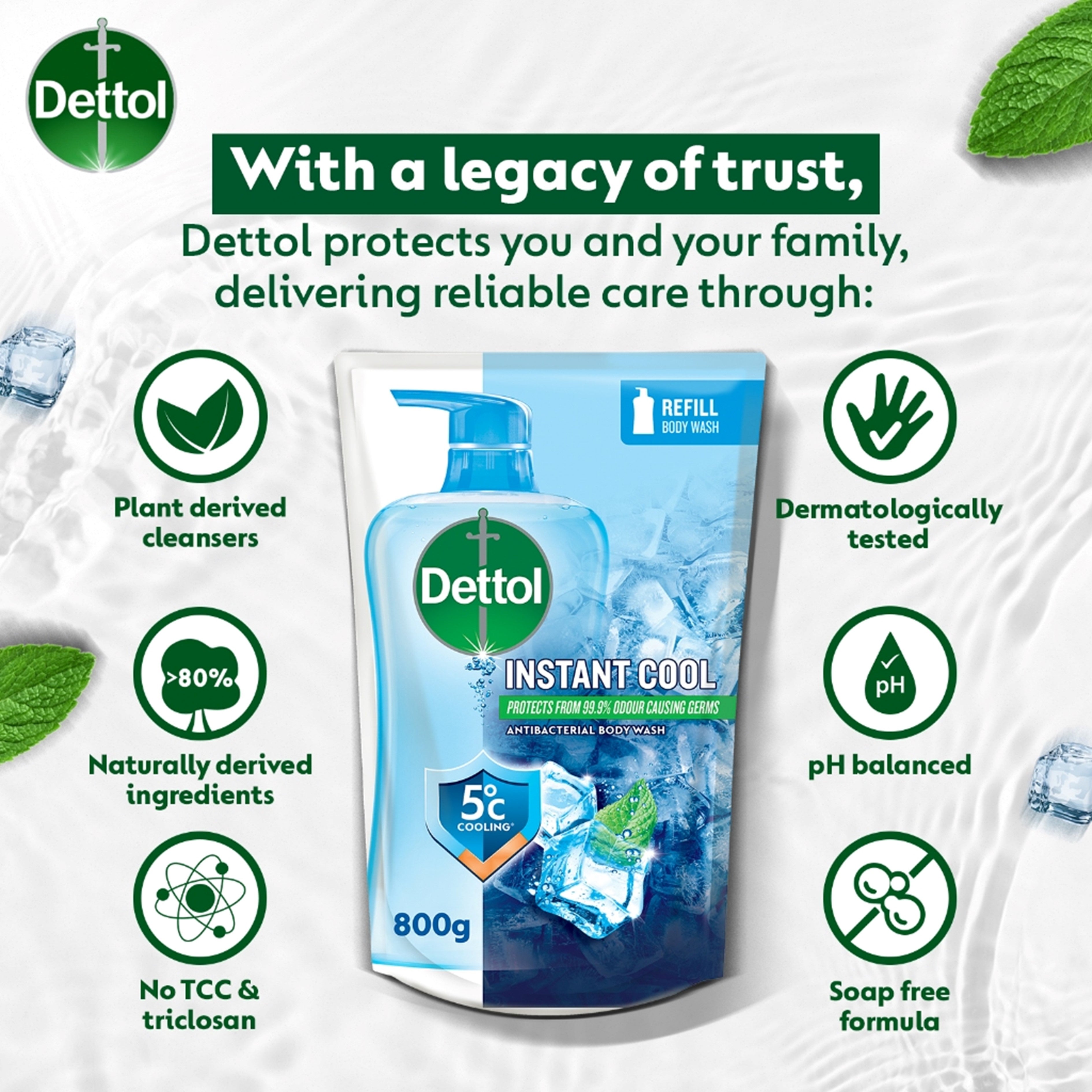 Dettol Antibacterial Body Wash (Instant Cool, Mint & Sea Minerals) Refill 800g