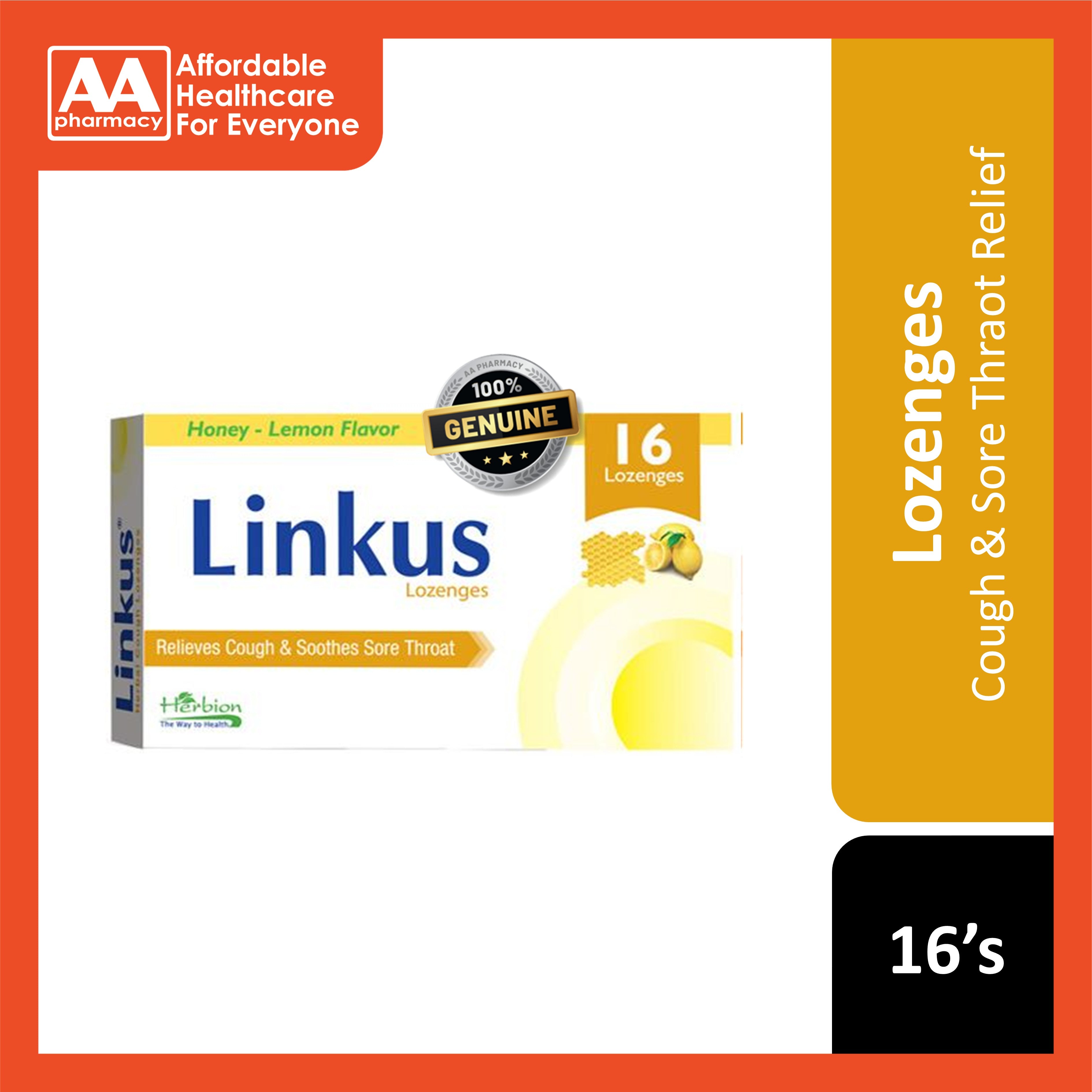 Linkus Lozenge (Honey Lemon Flavour) 16's (Relieves Cough and Soothes Sore Throat)